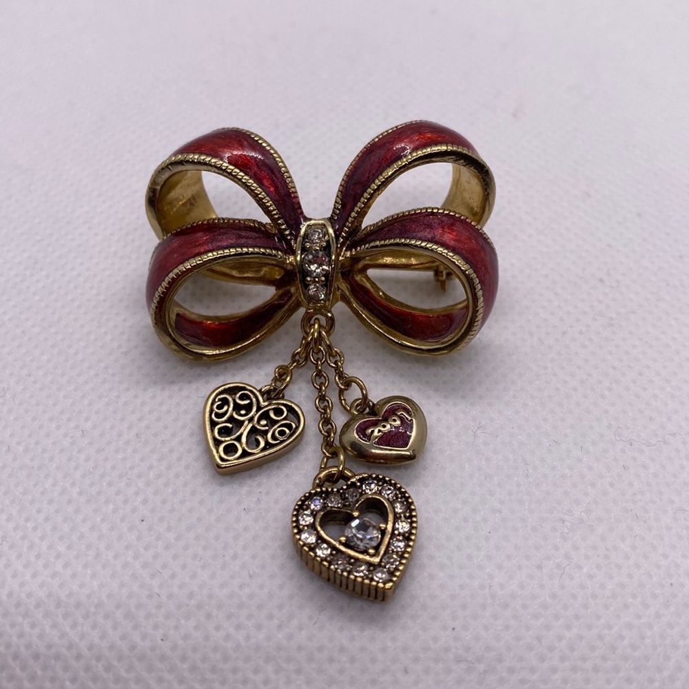 Monet Gold Tone Red Bow Dangling Heart Brooch/ Pin 2007